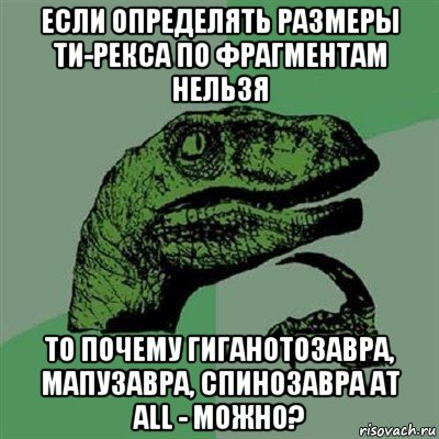 если определять размеры ти-рекса по фрагментам нельзя то почему гиганотозавра, мапузавра, спинозавра at all - можно?, Мем Филосораптор