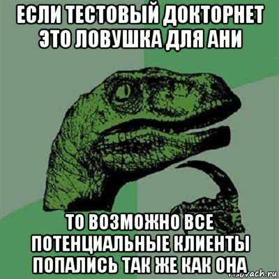 если тестовый докторнет это ловушка для ани то возможно все потенциальные клиенты попались так же как она, Мем Филосораптор