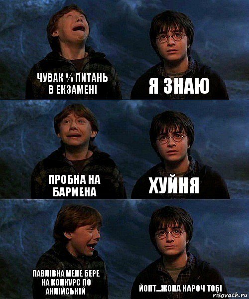 Чувак % питань в екзамені Я знаю Пробна на бармена хуйня Павлівна мене бере на конкурс по Анлійській Йопт...жопа кароч тобі