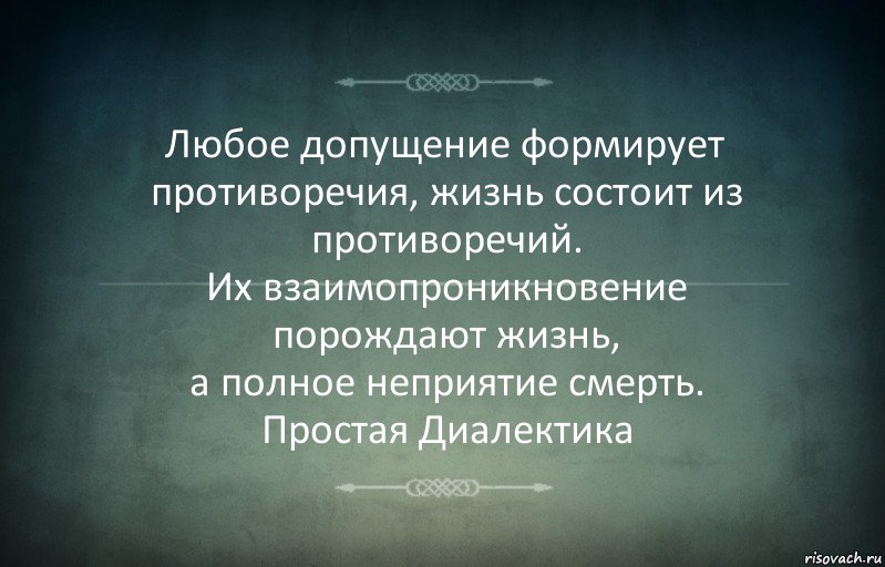 Любое допущение формирует противоречия, жизнь состоит из противоречий.
Их взаимопроникновение порождают жизнь,
а полное неприятие смерть.
Простая Диалектика, Комикс Игра слов 3