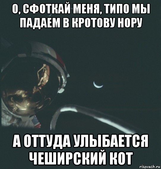 о, сфоткай меня, типо мы падаем в кротову нору а оттуда улыбается чеширский кот