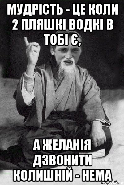 мудрість - це коли 2 пляшкі водкі в тобі є, а желанія дзвонити колишній - нема, Мем Мудрий паца