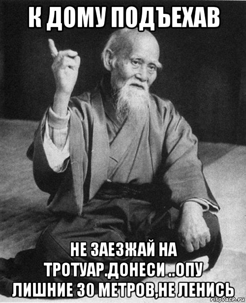 к дому подъехав не заезжай на тротуар.донеси ..опу лишние 30 метров,не ленись, Мем Мурый старец-сэнсей
