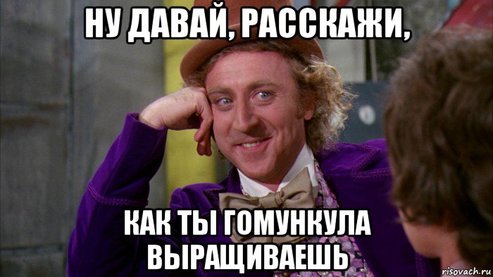 ну давай, расскажи, как ты гомункула выращиваешь, Мем Ну давай расскажи (Вилли Вонка)