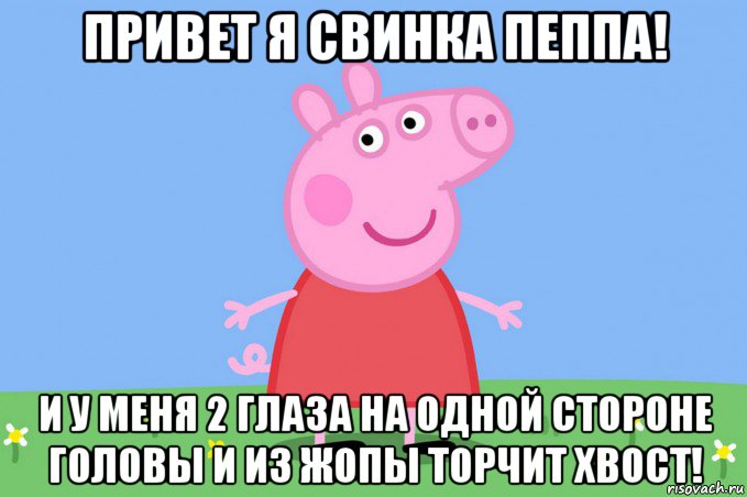 привет я свинка пеппа! и у меня 2 глаза на одной стороне головы и из жопы торчит хвост!, Мем Пеппа