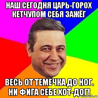 наш сегодня царь-горох кетчупом себя зажёг весь от темечка до ног. ни фига себе хот-дог!, Мем Петросяныч