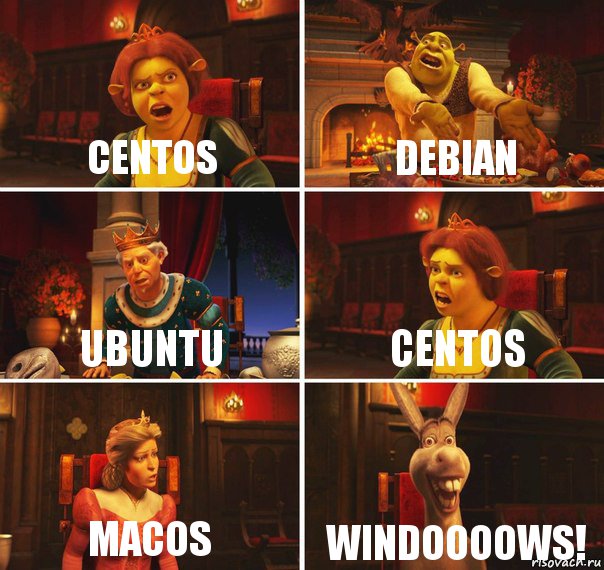 CentOS Debian Ubuntu CentOS MacOS WINDOOOOWS!, Комикс  Шрек Фиона Гарольд Осел