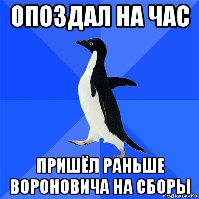 опоздал на час пришёл раньше вороновича на сборы, Мем  Социально-неуклюжий пингвин