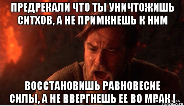 предрекали что ты уничтожишь ситхов, а не примкнешь к ним восстановишь равновесие силы, а не ввергнешь ее во мрак !, Мем ты был мне как брат