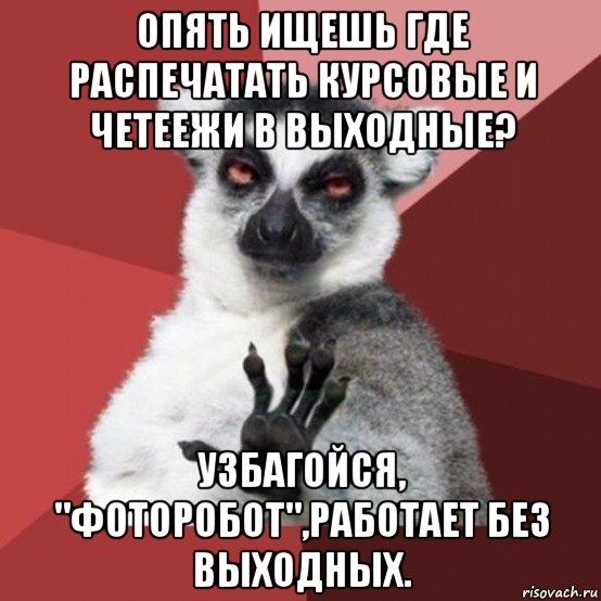 опять ищешь где распечатать курсовые и четеежи в выходные? узбагойся, "фоторобот",работает без выходных., Мем Узбагойзя