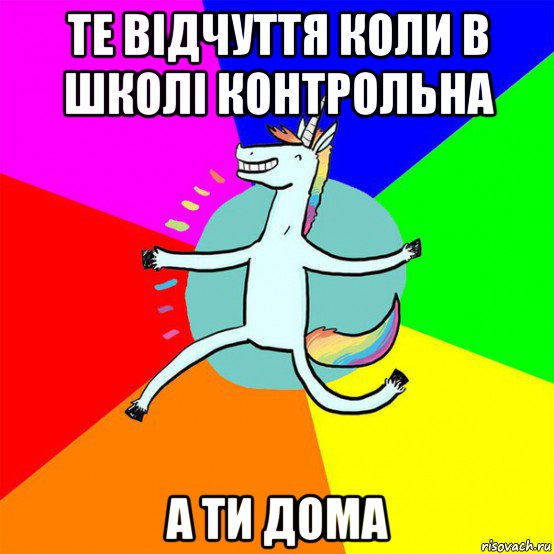 те відчуття коли в школі контрольна а ти дома, Мем Весела Єдінорожка