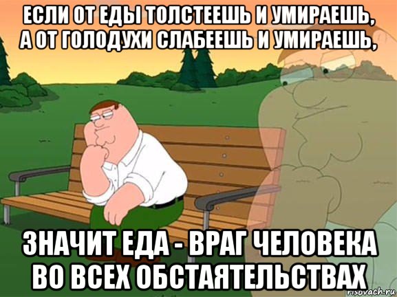 если от еды толстеешь и умираешь, а от голодухи слабеешь и умираешь, значит еда - враг человека во всех обстаятельствах, Мем Задумчивый Гриффин