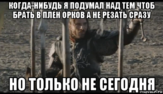 когда-нибудь я подумал над тем чтоб брать в плен орков а не резать сразу но только не сегодня, Мем  Арагорн (Но только не сегодня)