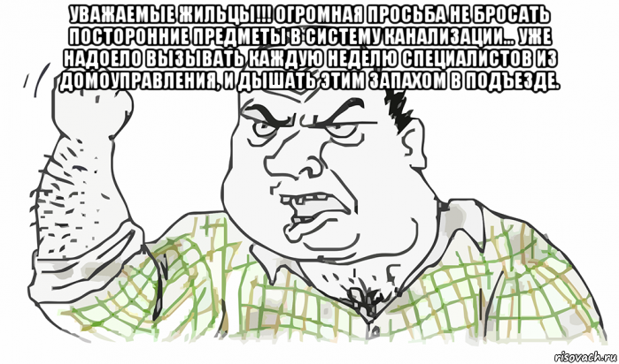 уважаемые жильцы!!! огромная просьба не бросать посторонние предметы в систему канализации… уже надоело вызывать каждую неделю специалистов из домоуправления, и дышать этим запахом в подъезде. , Мем Будь мужиком