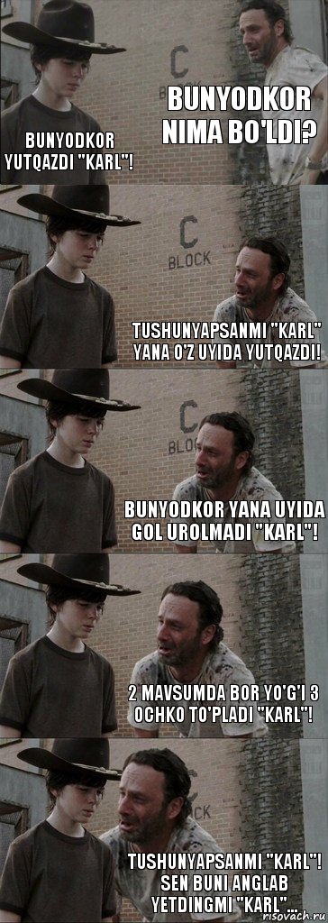 Bunyodkor nima bo'ldi? Bunyodkor yutqazdi "Karl"! Tushunyapsanmi "Karl" yana o'z uyida yutqazdi! Bunyodkor yana uyida gol urolmadi "Karl"! 2 mavsumda bor yo'g'i 3 ochko to'pladi "Karl"! Tushunyapsanmi "Karl"! Sen buni anglab yetdingmi "Karl"..., Комикс  Carl