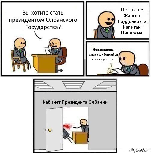 Вы хотите стать президентом Олбанского Государства? Нет, ты не Жаргон Паддонков, а Капитан Пиндосия. Ненавидишь страну, убирайся с глаз долой. Кабинет Президента Олбании., Комикс   Не приняты