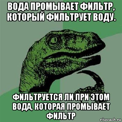 вода промывает фильтр, который фильтрует воду. фильтруется ли при этом вода, которая промывает фильтр, Мем Филосораптор