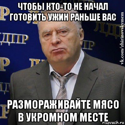 чтобы кто-то не начал готовить ужин раньше вас размораживайте мясо в укромном месте, Мем Хватит это терпеть (Жириновский)