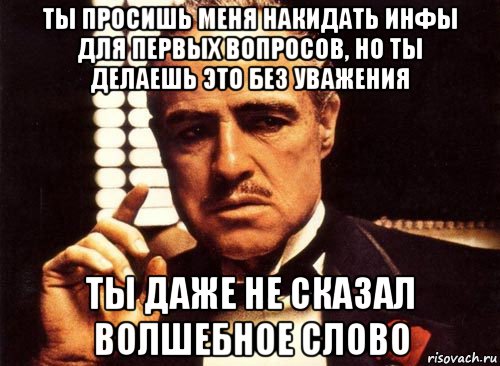 ты просишь меня накидать инфы для первых вопросов, но ты делаешь это без уважения ты даже не сказал волшебное слово, Мем крестный отец