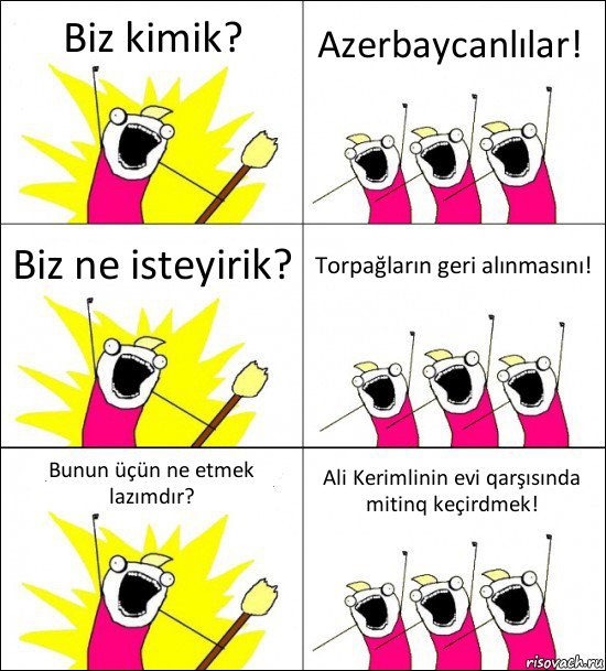 Biz kimik? Azerbaycanlılar! Biz ne isteyirik? Torpağların geri alınmasını! Bunun üçün ne etmek lazımdır? Ali Kerimlinin evi qarşısında mitinq keçirdmek!, Комикс кто мы