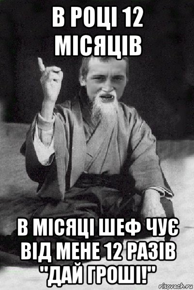 в році 12 місяців в місяці шеф чує від мене 12 разів "дай гроші!", Мем Мудрий паца