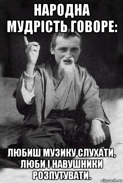 народна мудрість говоре: любиш музику слухати, люби і навушники розпутувати., Мем Мудрий паца