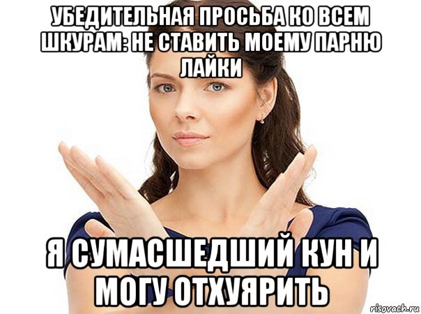 убедительная просьба ко всем шкурам: не ставить моему парню лайки я сумасшедший кун и могу отхуярить, Мем Огромная просьба