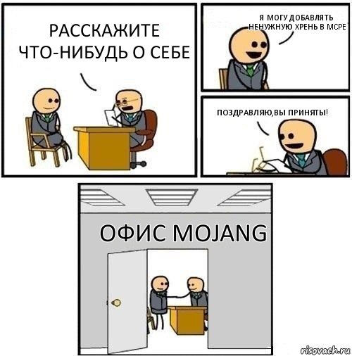 Расскажите что-нибудь о себе Я могу добавлять ненужную хрень в MCPE поздравляю,вы приняты! Офис Mojang