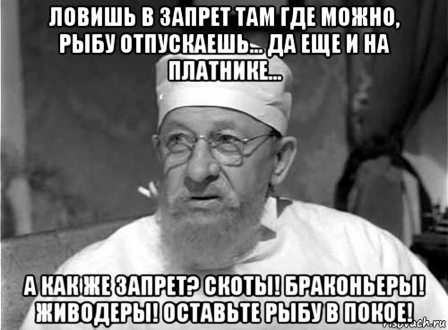 ловишь в запрет там где можно, рыбу отпускаешь... да еще и на платнике... а как же запрет? скоты! браконьеры! живодеры! оставьте рыбу в покое!, Мем Профессор Преображенский