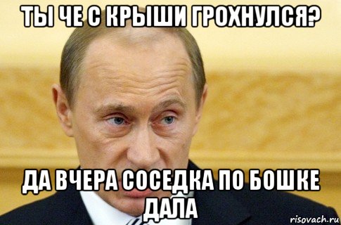 ты че с крыши грохнулся? да вчера соседка по бошке дала, Мем путин