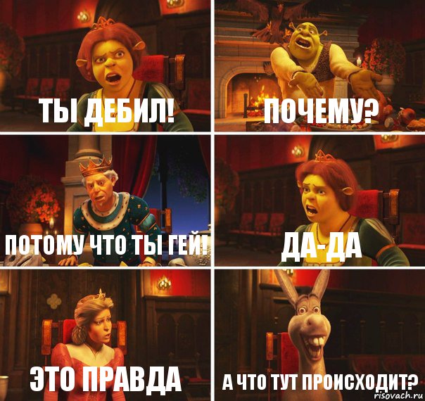 Ты дебил! Почему? Потому что ты гей! Да-да Это правда А что тут происходит?, Комикс  Шрек Фиона Гарольд Осел