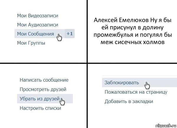 Алексей Емелюков Ну я бы ей присунул в долину промежбулья и погулял бы меж сисечных холмов, Комикс  Удалить из друзей