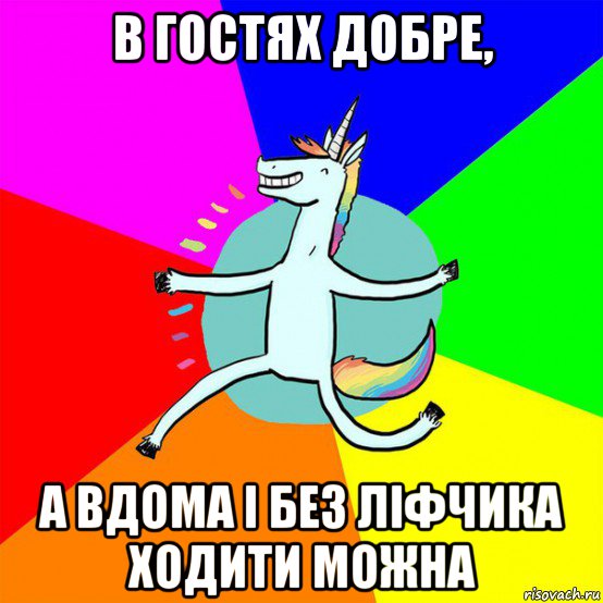 в гостях добре, а вдома і без ліфчика ходити можна, Мем Весела Єдінорожка