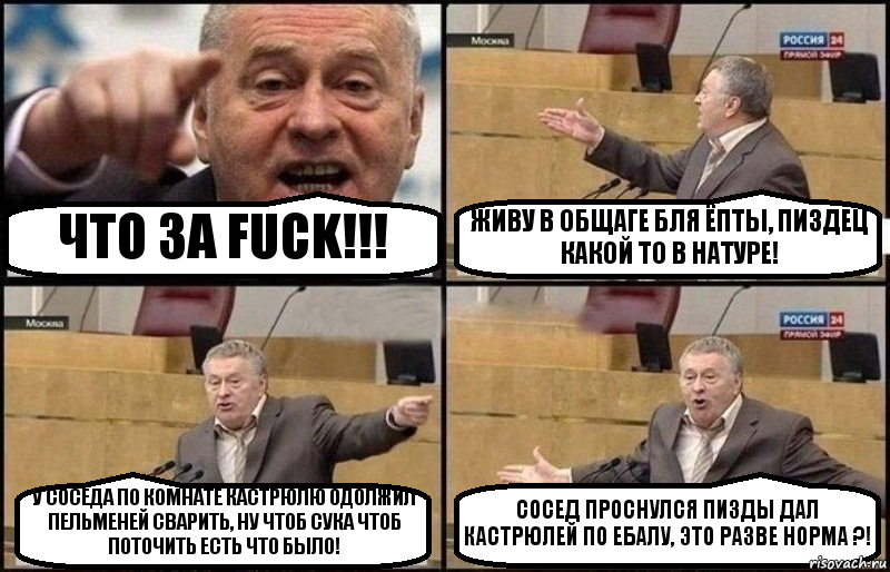 ЧТО ЗА FUCK!!! ЖИВУ В ОБЩАГЕ БЛЯ ЁПТЫ, ПИЗДЕЦ КАКОЙ ТО В НАТУРЕ! У СОСЕДА ПО КОМНАТЕ КАСТРЮЛЮ ОДОЛЖИЛ ПЕЛЬМЕНЕЙ СВАРИТЬ, НУ ЧТОБ СУКА ЧТОБ ПОТОЧИТЬ ЕСТЬ ЧТО БЫЛО! СОСЕД ПРОСНУЛСЯ ПИЗДЫ ДАЛ КАСТРЮЛЕЙ ПО ЕБАЛУ, ЭТО РАЗВЕ НОРМА ?!, Комикс Жириновский