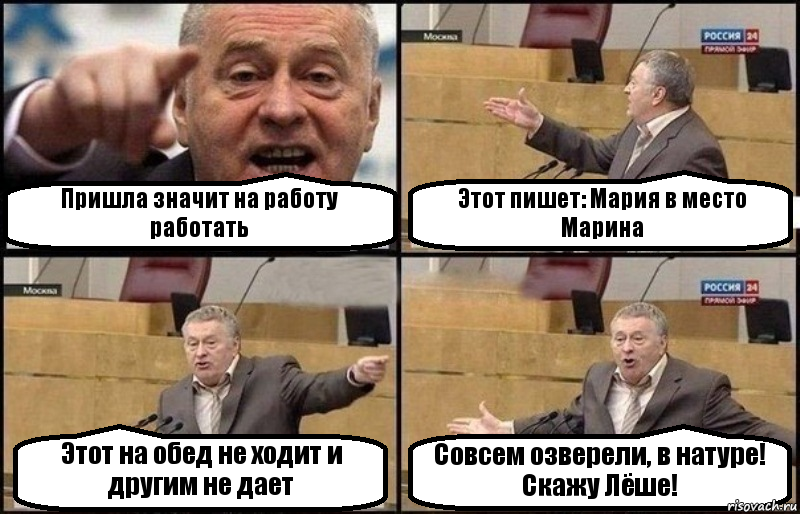 Пришла значит на работу работать Этот пишет: Мария в место Марина Этот на обед не ходит и другим не дает Совсем озверели, в натуре! Скажу Лёше!, Комикс Жириновский