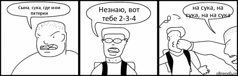 Сына, сука, где мои пятерки Незнаю, вот тебе 2-3-4 на сука, на сука, на на сука