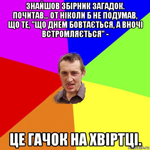 знайшов збірник загадок. почитав... от ніколи б не подумав, що те, "що днем бовтається, а вночі встромляється" - це гачок на хвіртці., Мем Чоткий паца