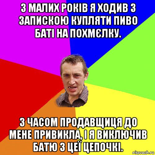 з малих років я ходив з запискою купляти пиво баті на похмєлку. з часом продавщиця до мене привикла, і я виключив батю з цеї цепочкі., Мем Чоткий паца