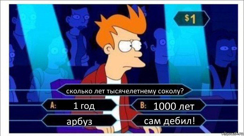 сколько лет тысячелетнему соколу? 1 год 1000 лет арбуз сам дебил!, Комикс  фрай кто хочет стать миллионером