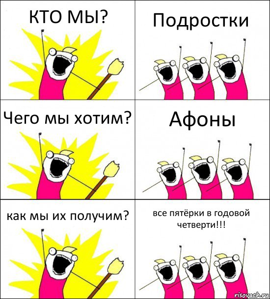 КТО МЫ? Подростки Чего мы хотим? Афоны как мы их получим? все пятёрки в годовой четверти!!!, Комикс кто мы