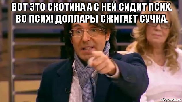 вот это скотина а с ней сидит псих. во псих! доллары сжигает сучка. , Мем Андрей Малахов