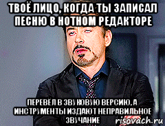 твоё лицо, когда ты записал песню в нотном редакторе перевёл в звуковую версию, а инструменты издают неправильное звучание, Мем мое лицо когда