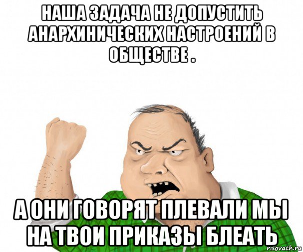 наша задача не допустить анархинических настроений в обществе . а они говорят плевали мы на твои приказы блеать, Мем мужик