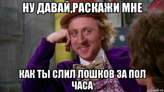 ну давай,раскажи мне как ты слил лошков за пол часа, Мем Ну давай расскажи (Вилли Вонка)