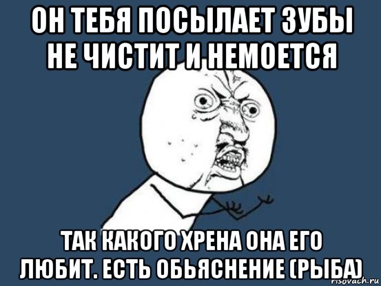 он тебя посылает зубы не чистит и немоется так какого хрена она его любит. есть обьяснение (рыба), Мем Ну почему