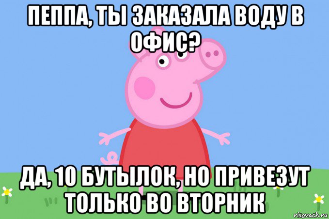 пеппа, ты заказала воду в офис? да, 10 бутылок, но привезут только во вторник, Мем Пеппа