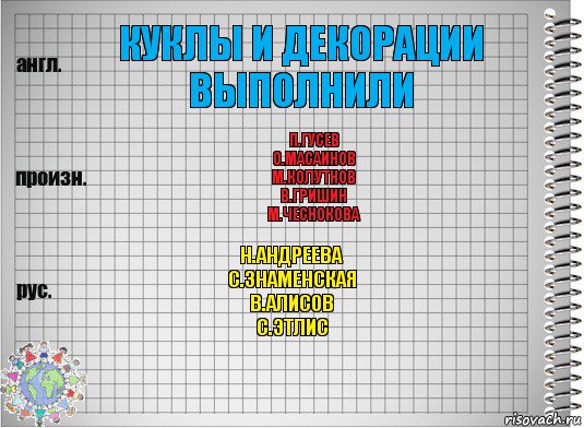 КУКЛЫ И ДЕКОРАЦИИ ВЫПОЛНИЛИ П.ГУСЕВ
О.МАСАИНОВ
М.КОЛУТНОВ
В.ГРИШИН
М.ЧЕСНОКОВА Н.АНДРЕЕВА
С.ЗНАМЕНСКАЯ
В.АЛИСОВ
С.ЭТЛИС, Комикс  Перевод с английского