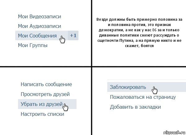 Везде должны быть примерно половина за и половина против, это признак демократии, а не как у нас 86 за и только диванные политики смеют рассуждать о сщетночти Путина, а на прямую никто и не скажет, боятся, Комикс  Удалить из друзей