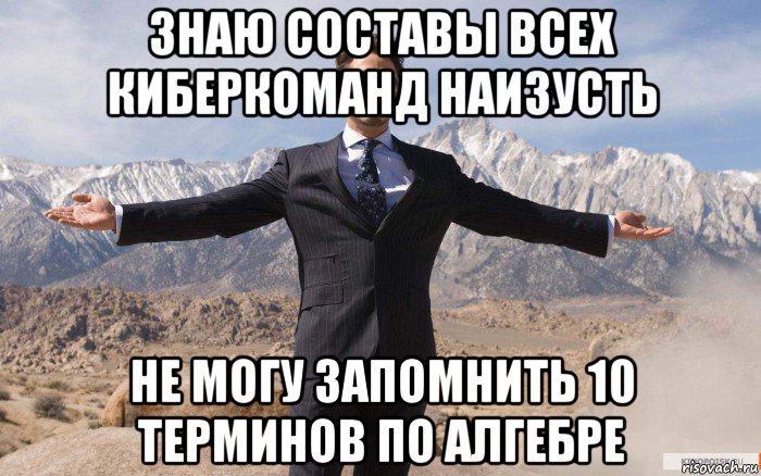 знаю составы всех киберкоманд наизусть не могу запомнить 10 терминов по алгебре, Мем железный человек