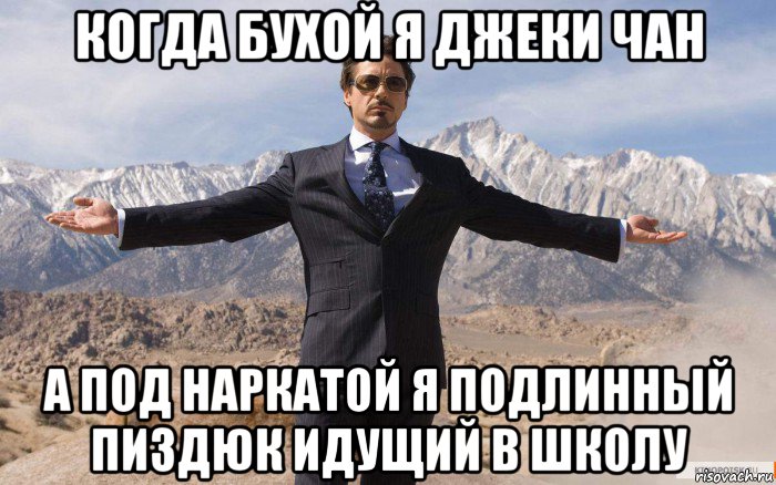 когда бухой я джеки чан а под наркатой я подлинный пиздюк идущий в школу, Мем железный человек